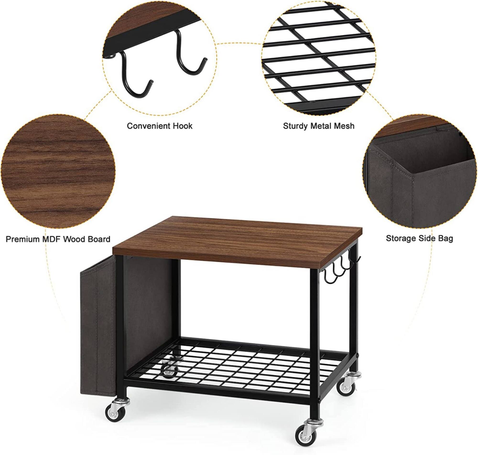 Rustic Brown 2-Tier Printer Cart with Wheels & Storage Bag